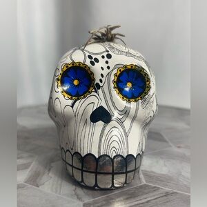 Halloween Pirate Decorative Skull with Blue Floral Eyes Small